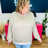 Oversized Crewneck With Side Slits Top - Sage - LAST ONES FINAL SALE