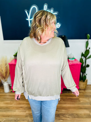 Oversized Crewneck With Side Slits Top - Sage