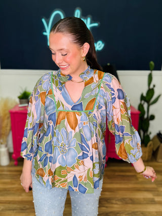 Abstract Floral Print Ruffle Neck Blouse