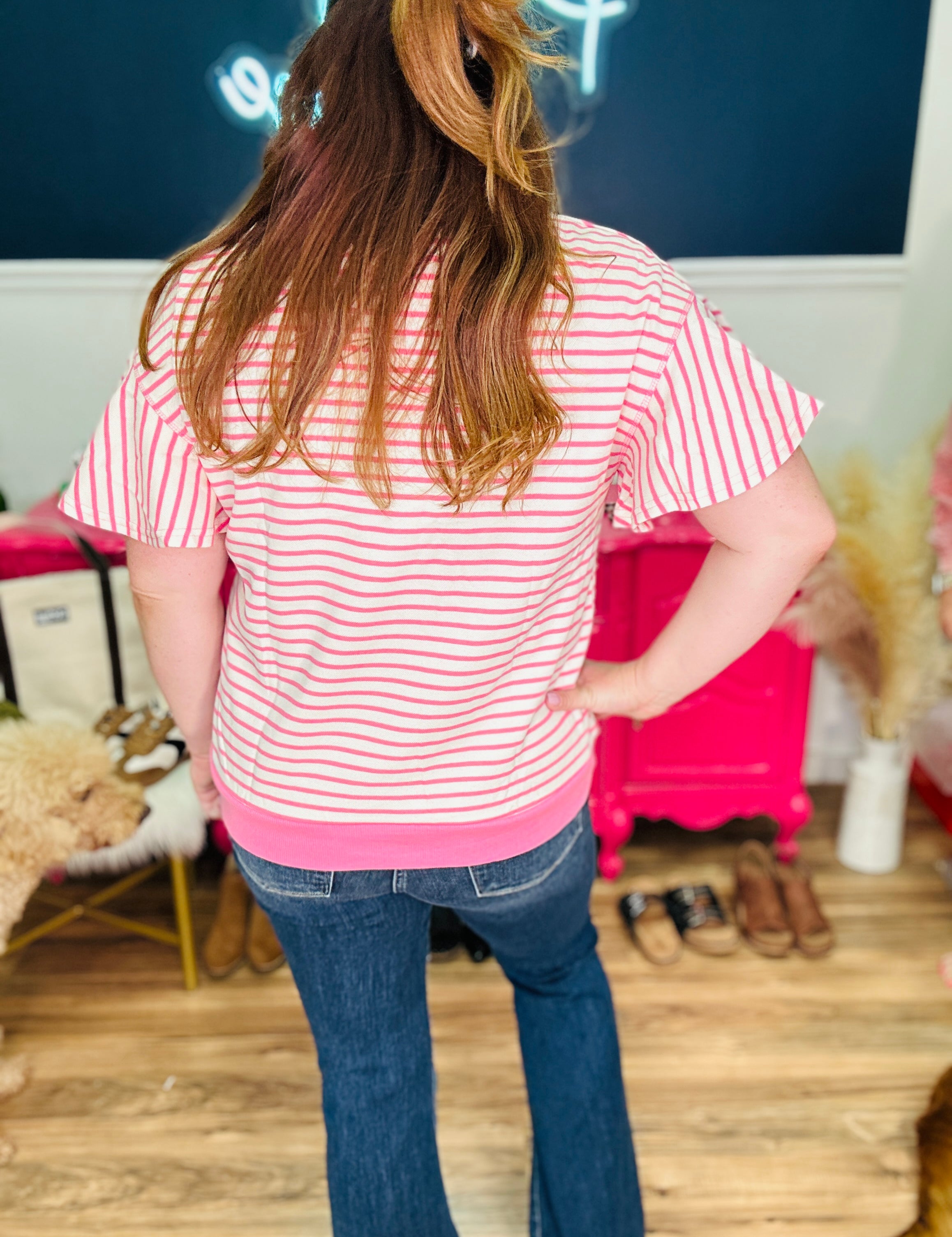 Ruffle Sleeve Stripe Top – Pink. - LAST ONES FINAL SALE