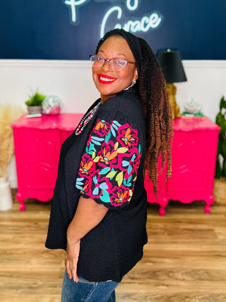 V-Neck Multi Embroidered Puff Sleeve Top