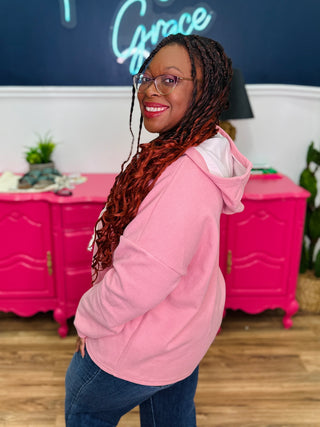 Blush Ribbed Hooded Top With Lace String Detail