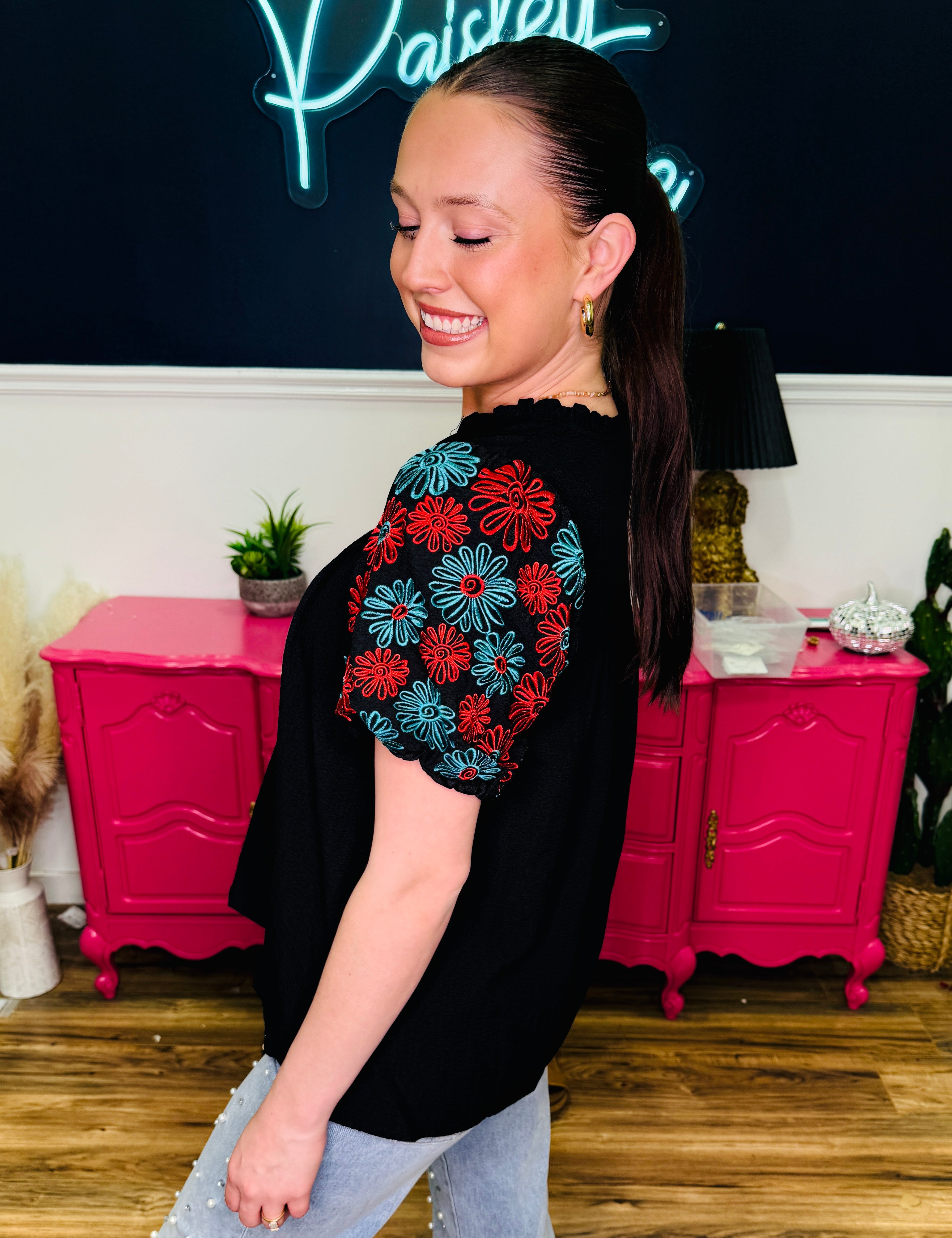 Black Top With Floral Embroidered Puff Sleeves - LAST ONES FINAL SALE