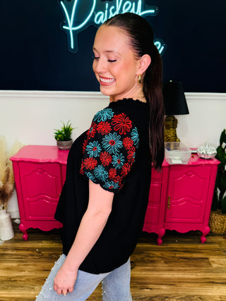 Black Top With  Floral Embroidered Puff Sleeves