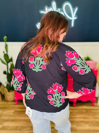 Bubble Sleeved Tulip Print Split V-Neck Top