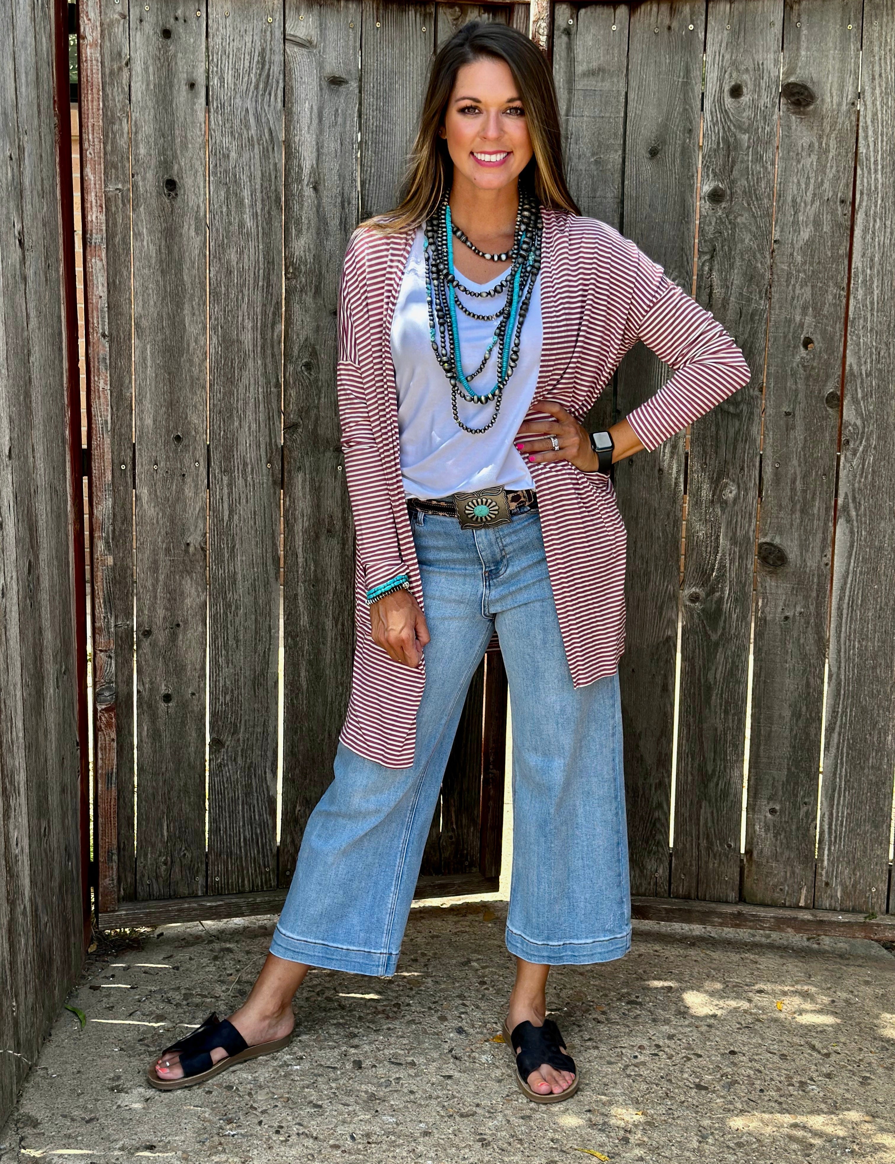 Mauve Striped Mid-Length Cardigan