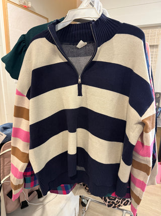 Striped Drop Shoulder Half-Zip Sweater
