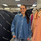 Washed Button Front Pintuck Denim Shirt
