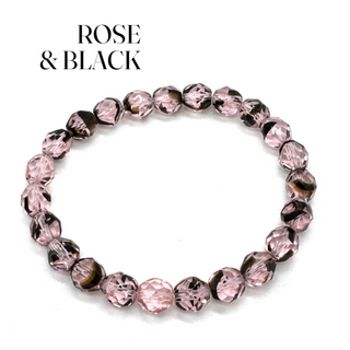 Rose and black beaded bracelet on a white background with 'ROSE & BLACK' text.