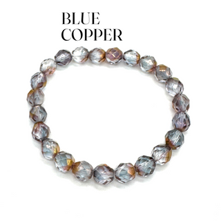 Blue copper beaded bracelet on a white background with 'BLUE COPPER' text above.