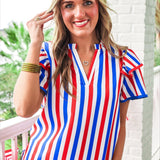 Kennedy Flutter Sleeve Blouse- Patriotic Stripes