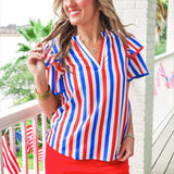 Kennedy Flutter Sleeve Blouse- Patriotic Stripes