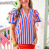 Kennedy Flutter Sleeve Blouse- Patriotic Stripes