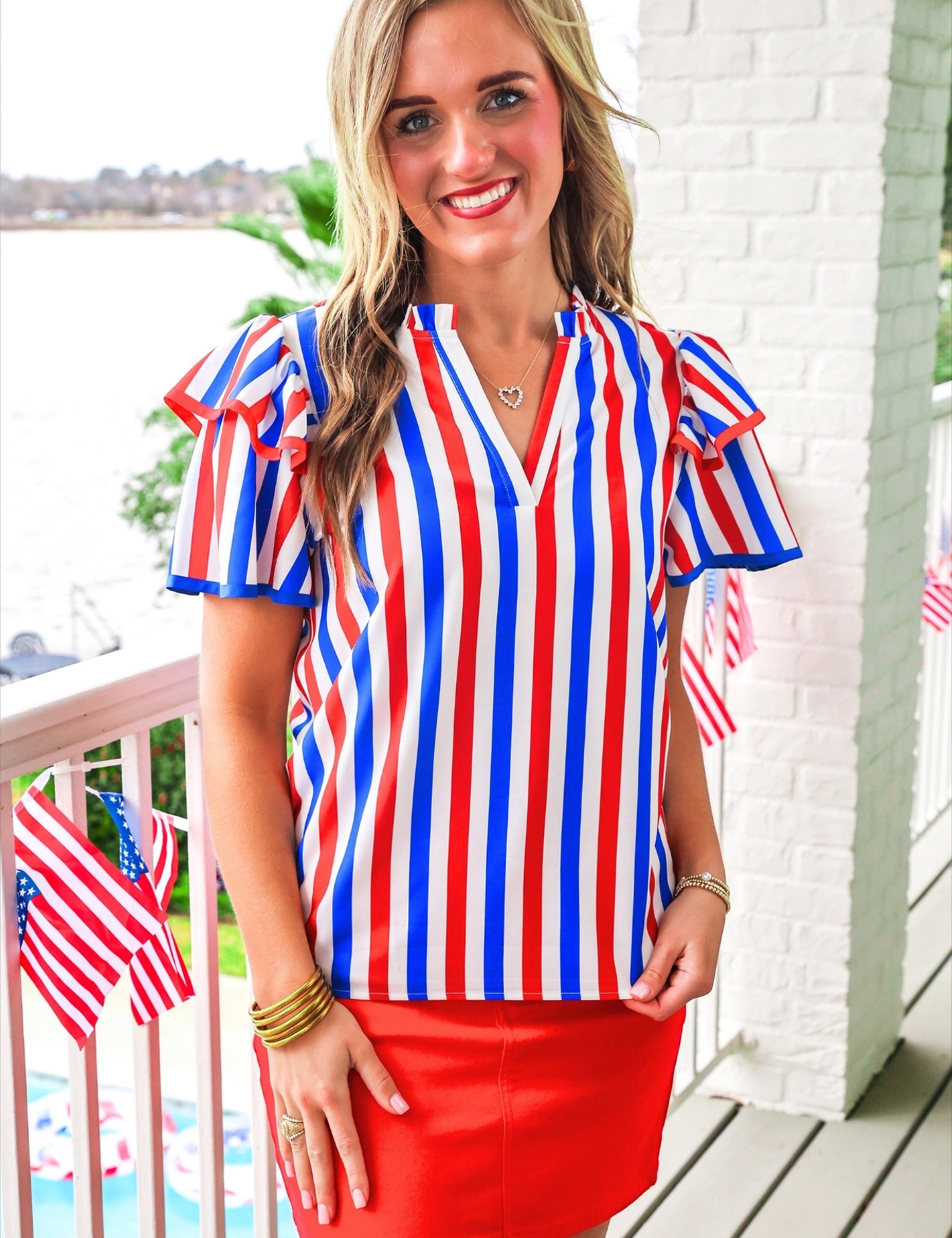 Kennedy Flutter Sleeve Blouse- Patriotic Stripes