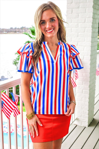 PREORDER- Kennedy Flutter Sleeve Blouse- Patriotic Stripes