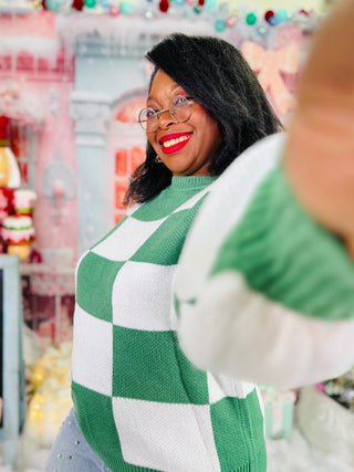 Checkered Bishop Sleeve Sweater - Green - HOLIDAY CHEER