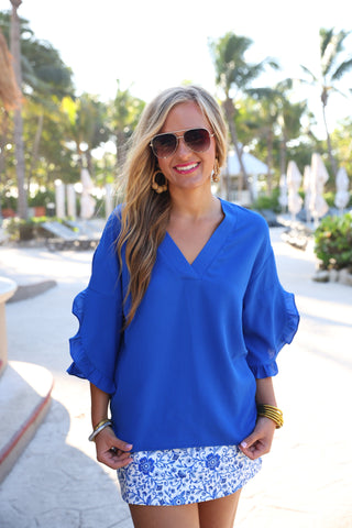 PREORDER-Amy Ruffle Sleeve Top - Royal Blue