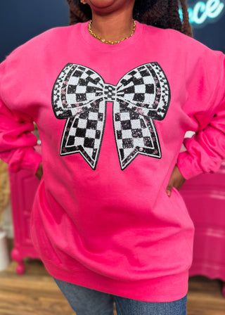 Checkered & Chic Sequin Bow Sweatshirt