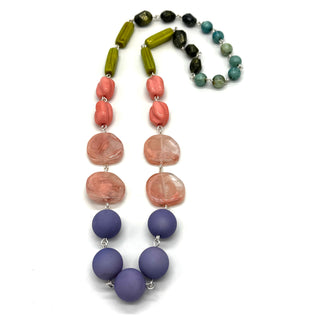 Necklace with multicolored beads on a white background