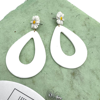 White teardrop earrings with floral tops on a green textured background