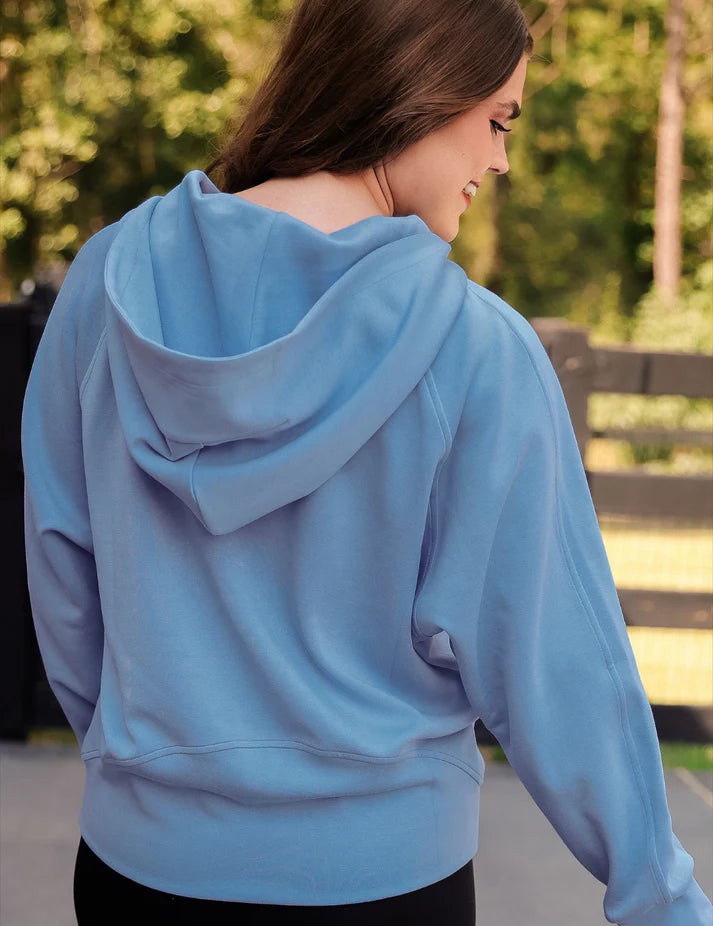 Kayla Luxe Hooded Quarter Zip Pullover- Light Blue - FINAL SALE