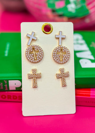 Ronan Pearl Cross Earring Set by Pink Panache