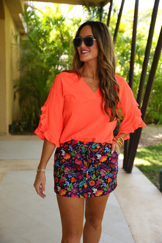 PREORDER-Amy Ruffle Sleeve Top - Neon Coral