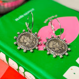 Silver Coin with AB Crystals Dangle Earrings