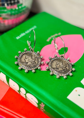 Silver Coin with AB Crystals Dangle Earrings