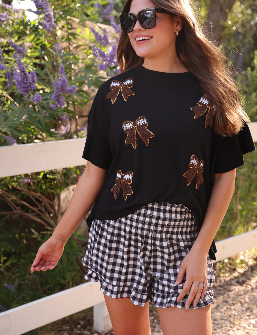 PREORDER- Sideline Sparkle Ruffle Top- Black
