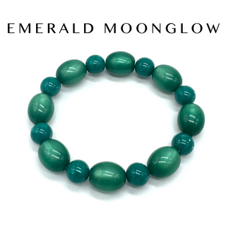 Green beaded bracelet on a white background with 'Emerald Moonglow' text.