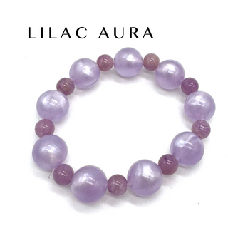 Lilac and pink beaded bracelet on a white background with 'LILAC AURA' text.
