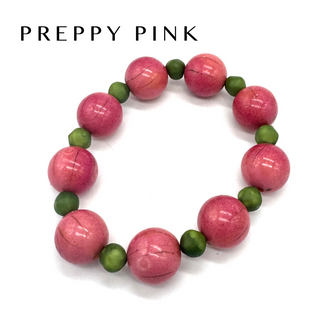 Bracelet with pink and green beads on a white background, labeled 'Preppy Pink'.