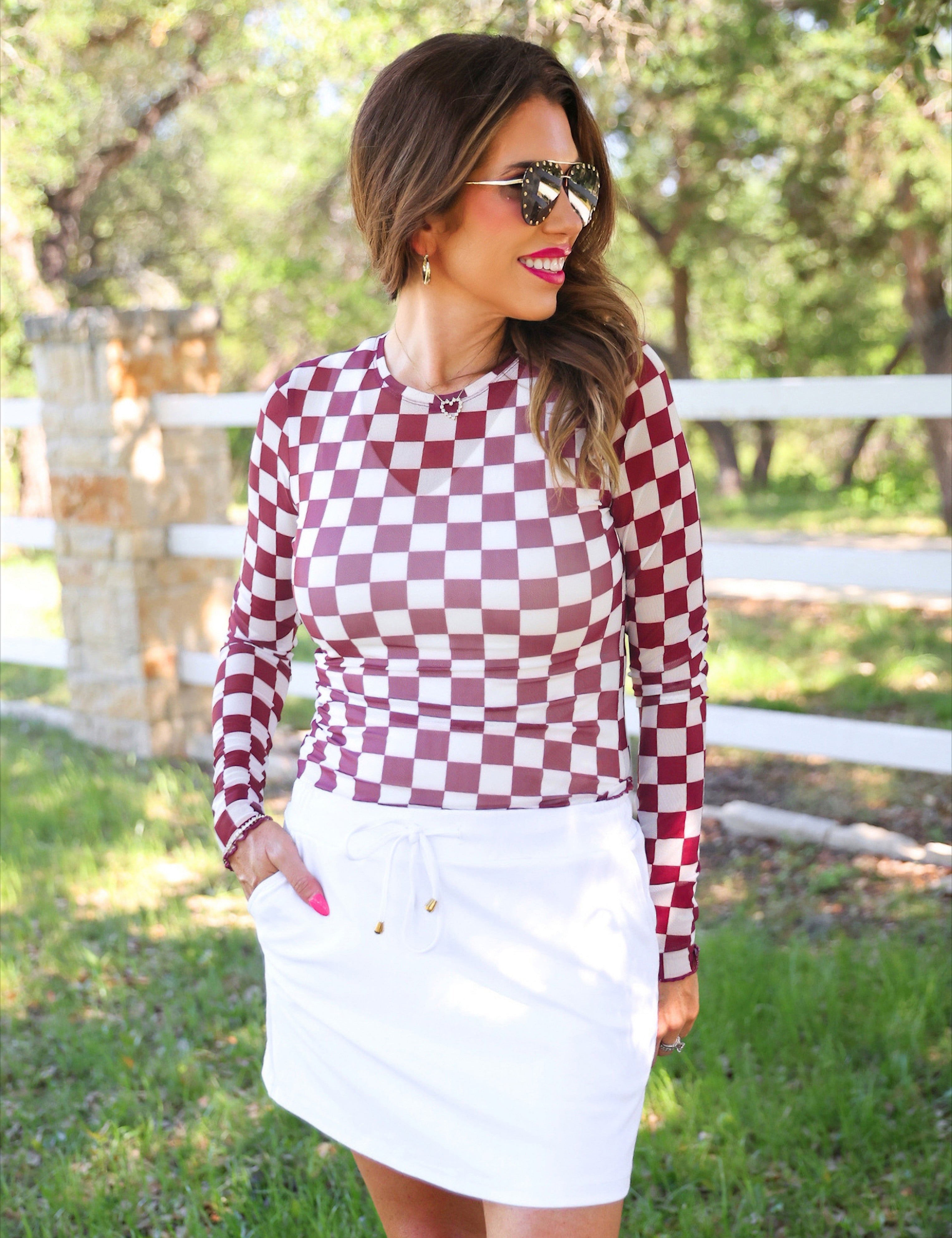 PREORDER- Alyssa Mesh Top- Maroon Checkered