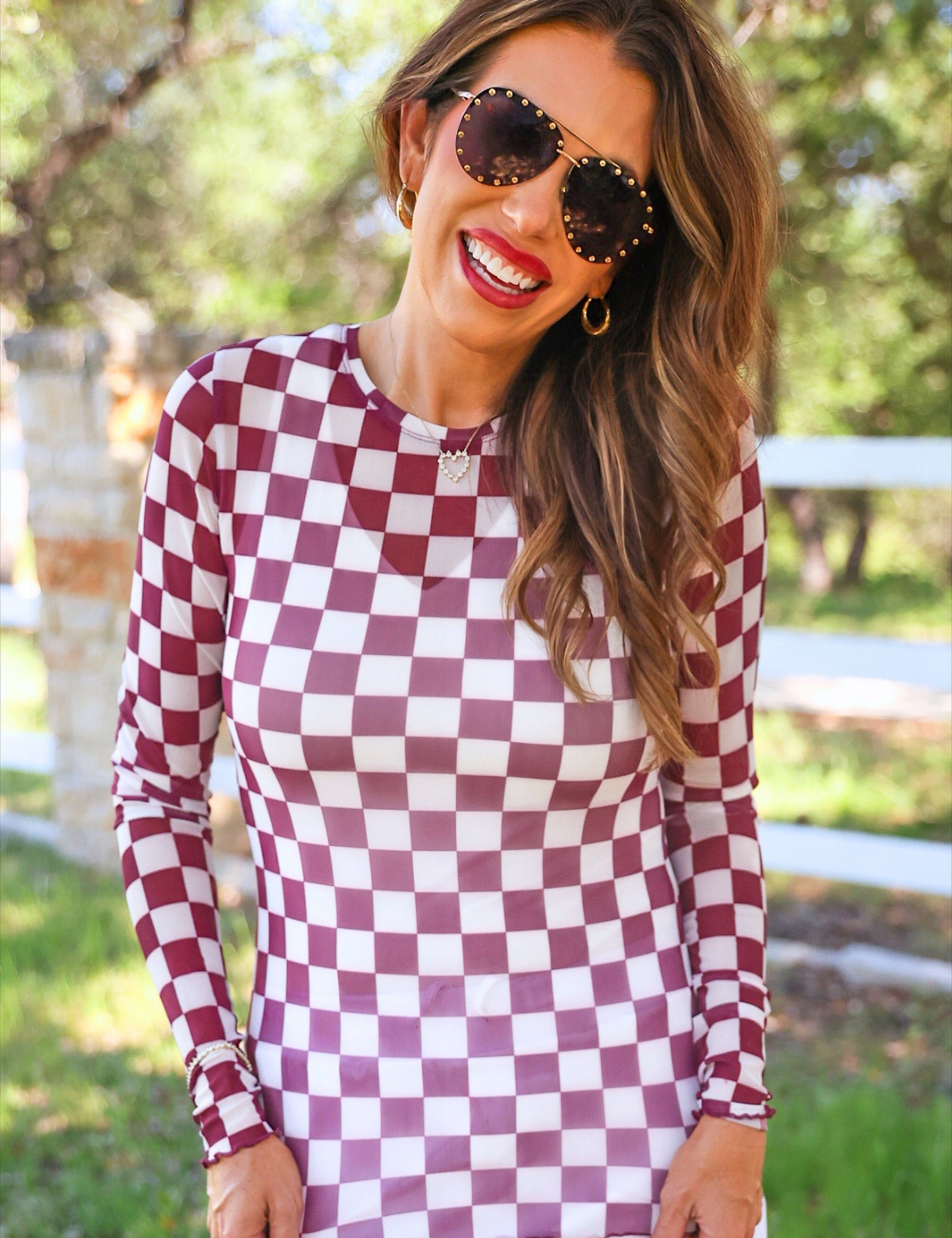 PREORDER- Alyssa Mesh Top- Maroon Checkered