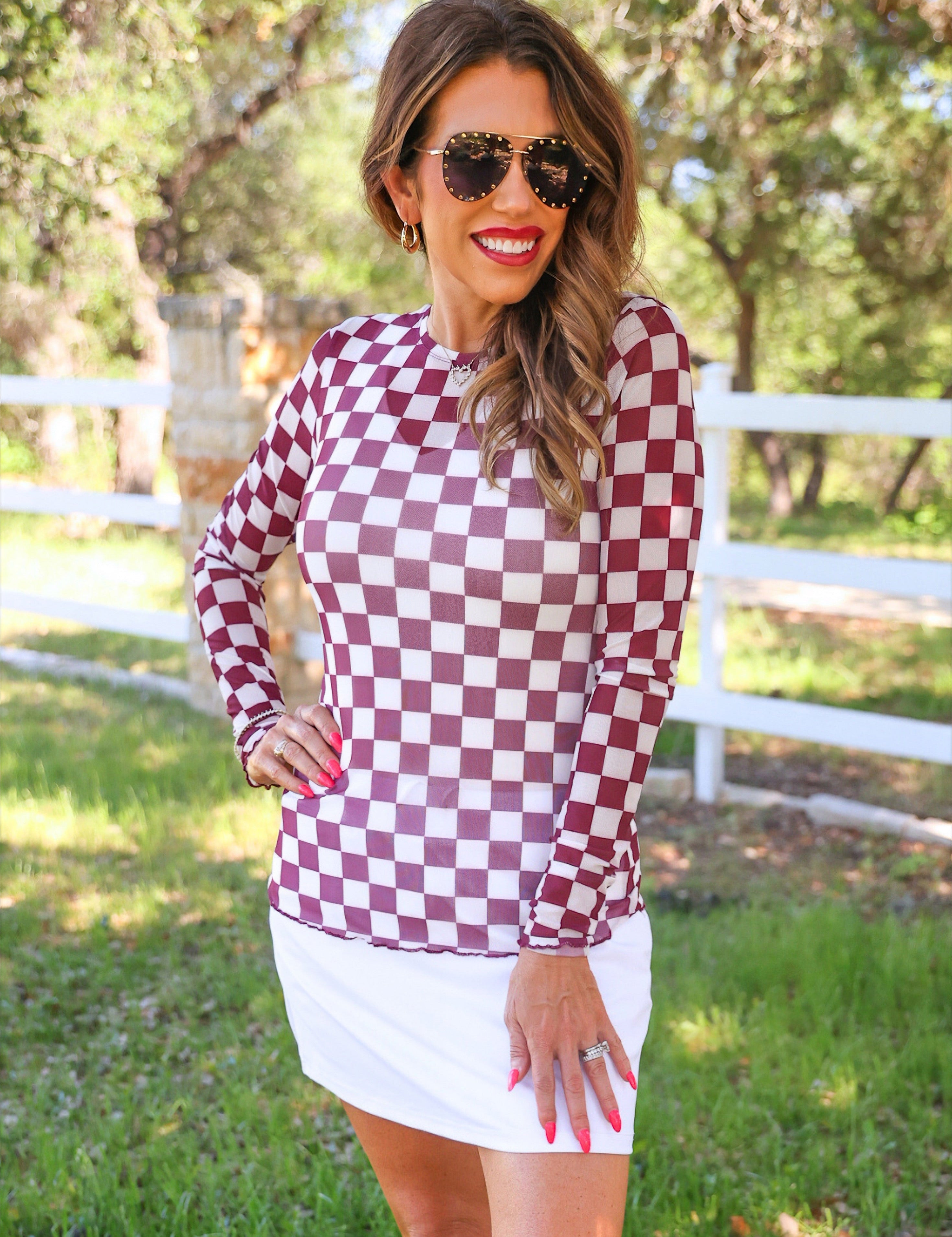 PREORDER- Alyssa Mesh Top- Maroon Checkered