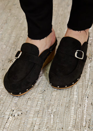 Just Precious Wedge Clogs - Black Faux Suede