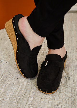 Just Precious Wedge Clogs - Black Faux Suede