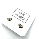 Heart-shaped earrings on a card with 'Leetie Lovendale' branding.
