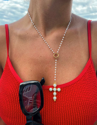 LARIAT PEARL CROSS NECKLACE - PREORDER