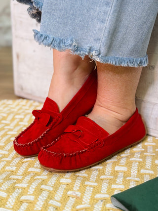 Driving Miss Daisy Red Faux Suede Flats By Corkys