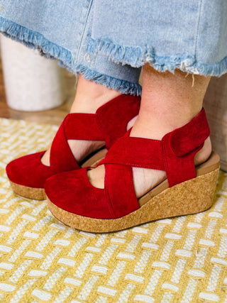 Case Closed Dark Red Faux Suede Wedges By Corkys