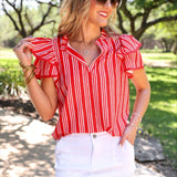 PREORDER- Layla Striped Flutter Sleeve Blouse- Red