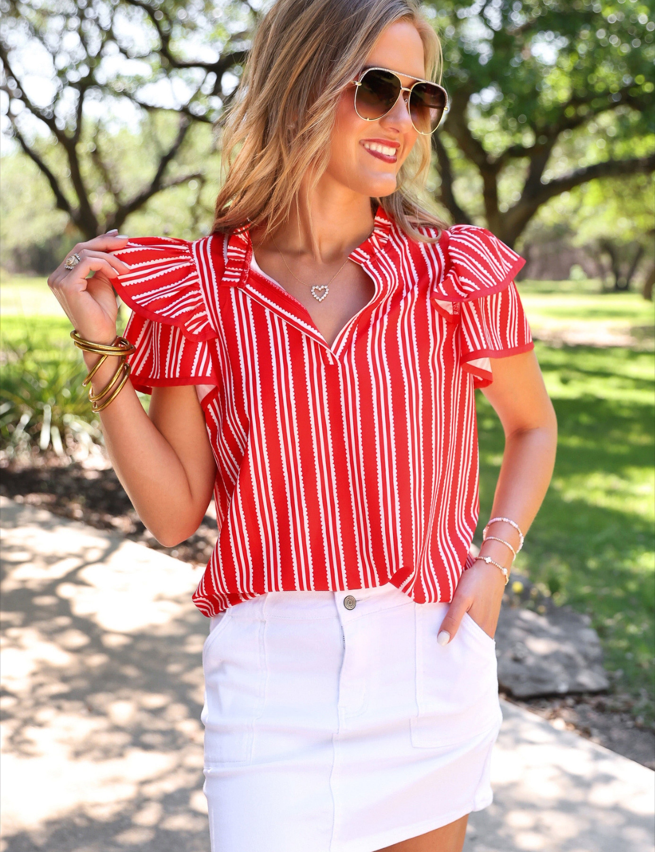 PREORDER- Layla Striped Flutter Sleeve Blouse- Red