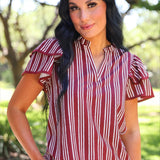 PREORDER- Layla Striped Flutter Sleeve Blouse- Maroon