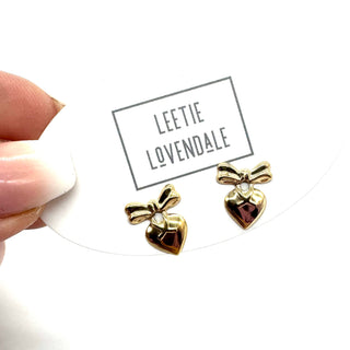 Heart with Bow Deadstock Gold Stud Earrings  - PREORDER