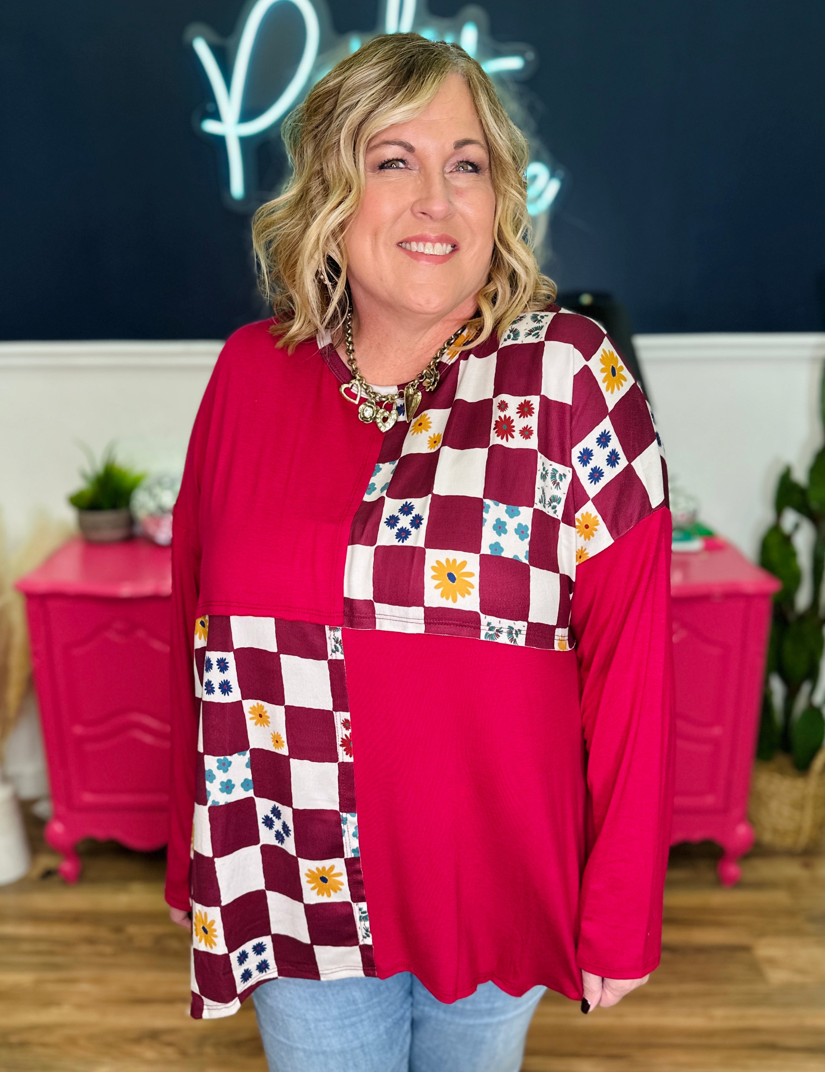 Checkered Contrast Asymmetrical Hemline Top - LAST ONES FINAL SALE