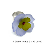 Floral cocktail ring on a white background labeled periwinkle/olive.