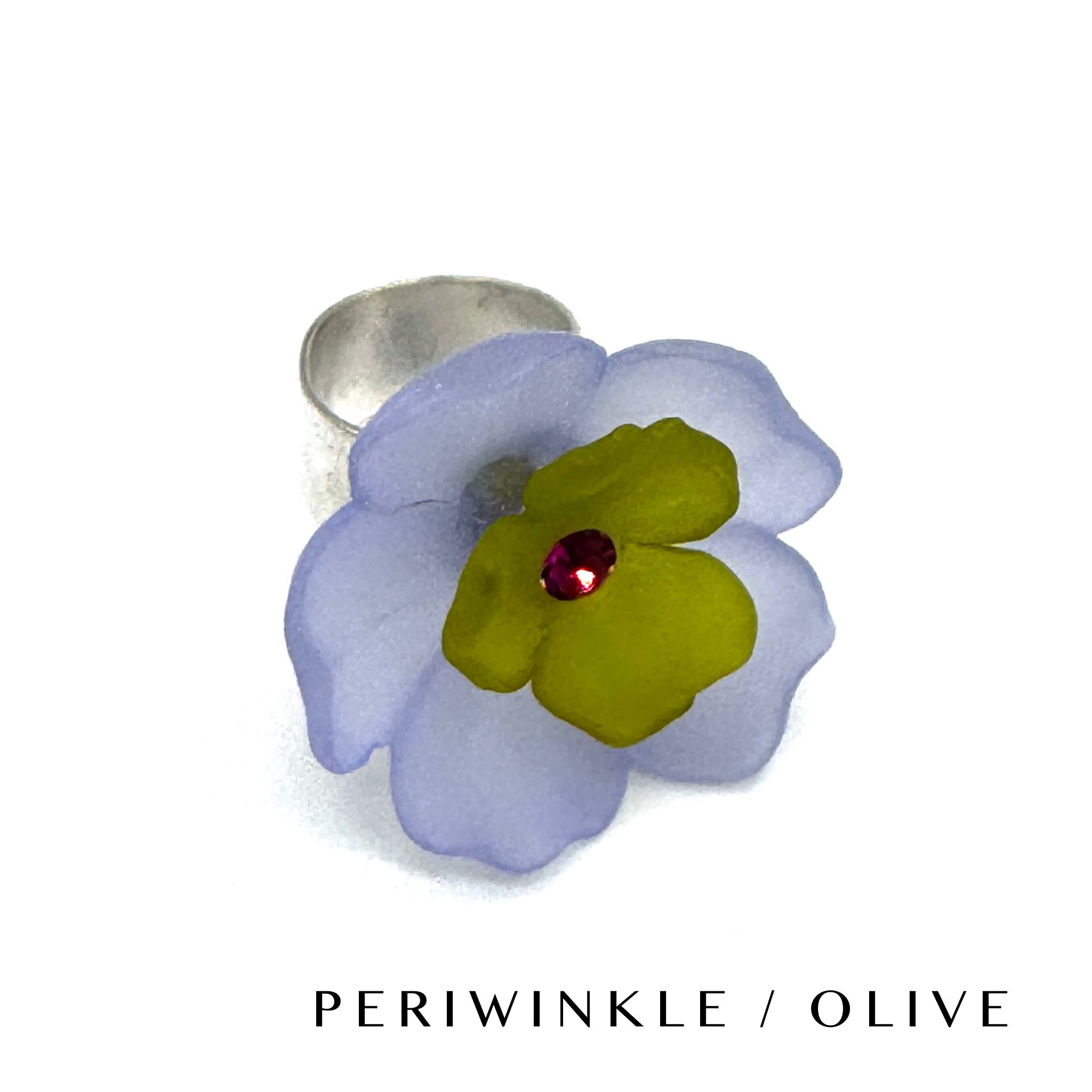 Floral cocktail ring on a white background labeled periwinkle/olive.