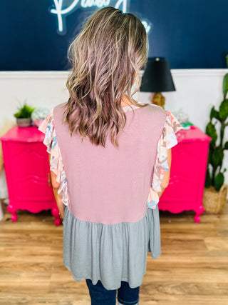 Floral And Solid Tiered Color Block Top